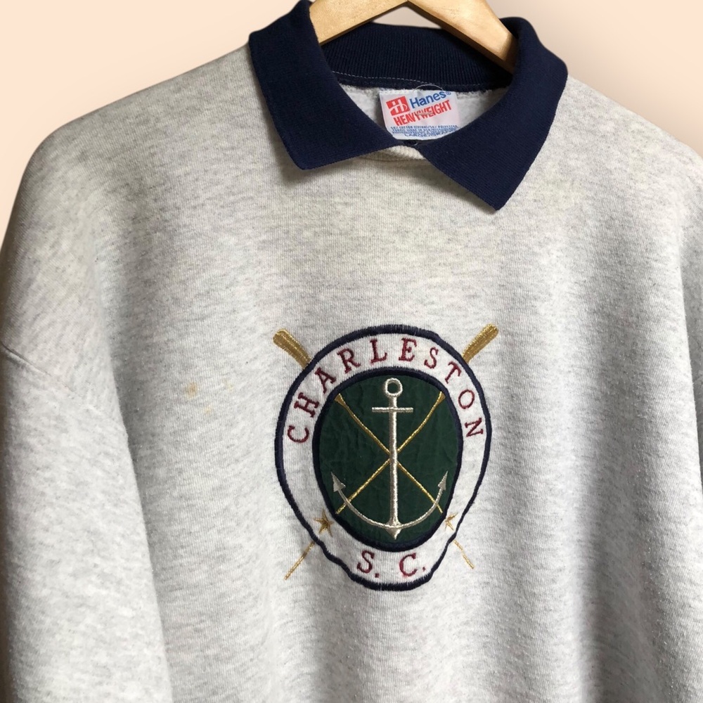 Vintage 90s Hanes Heavyweight Collared Sweatshirt Charleston, SC Anchor Unisex L - Picture 3 of 11